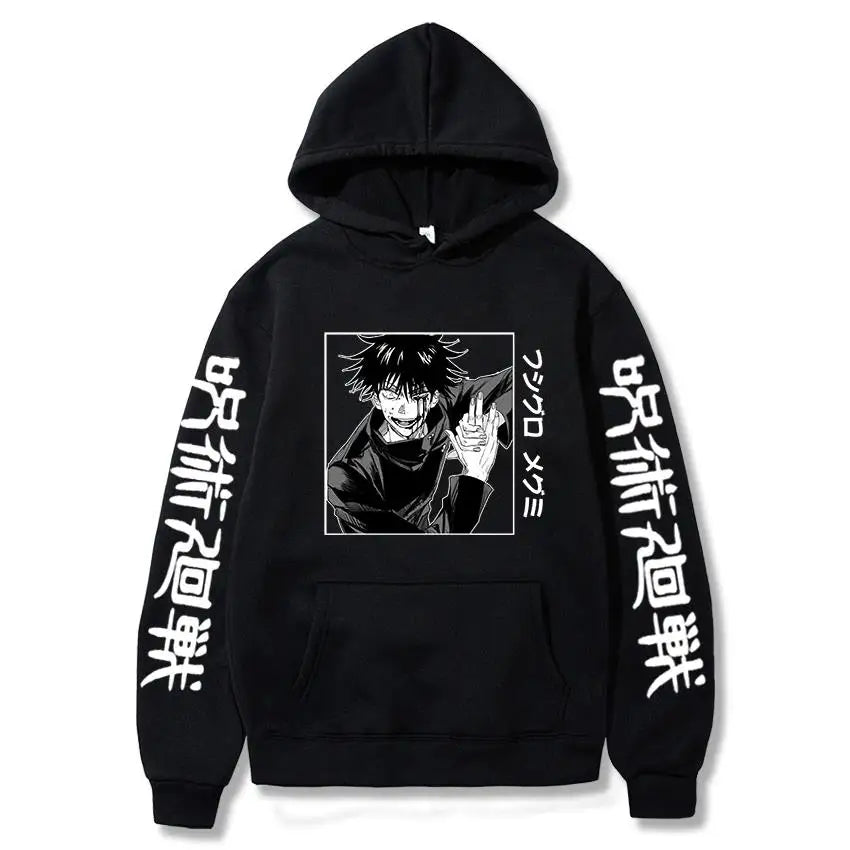Hoodie noir à capuche avec imprimé Megumi Fushiguro sur le devant