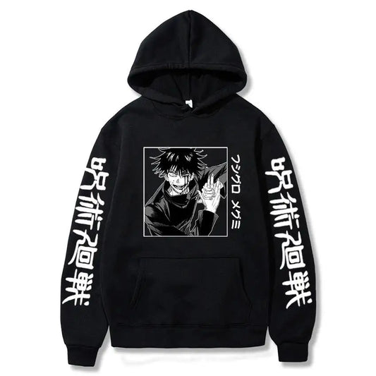 Hoodie noir à capuche avec imprimé Megumi Fushiguro sur le devant
