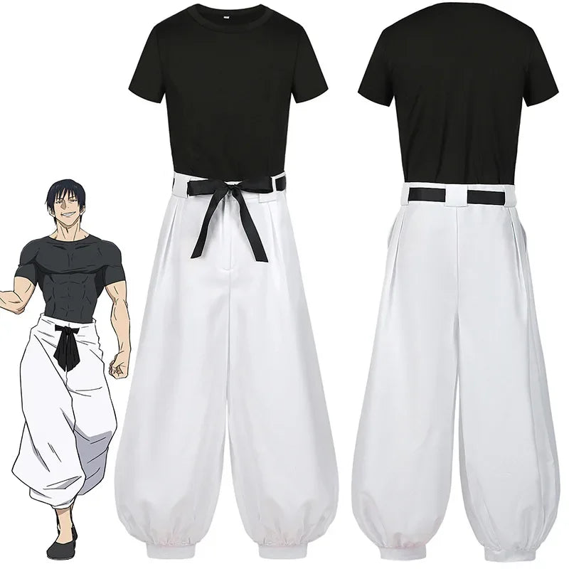 Ensemble costume: t-shirt noir, pantalon blanc large, ceinture noire et nœud.
