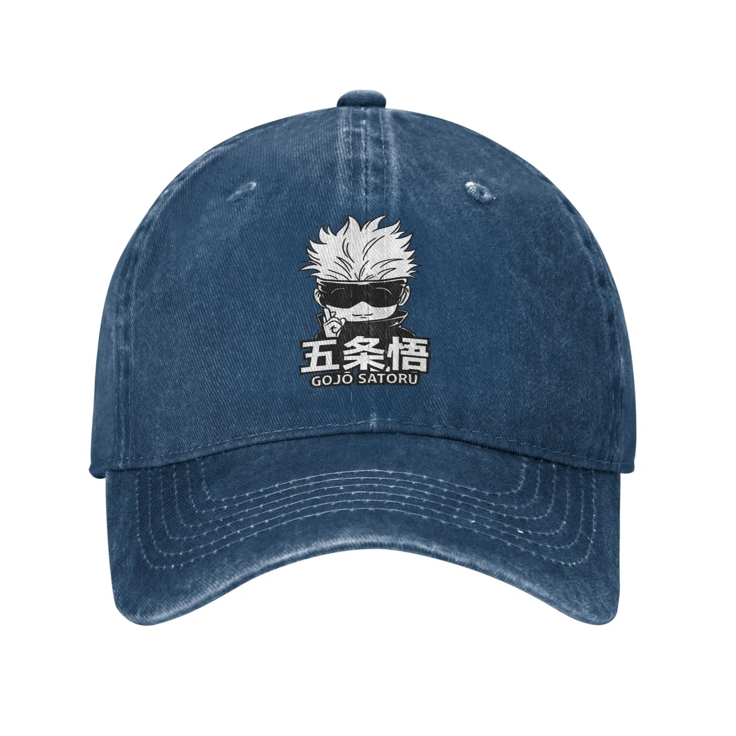 Casquette bleue délavée avec broderie Gojo, coutures et visière courbée