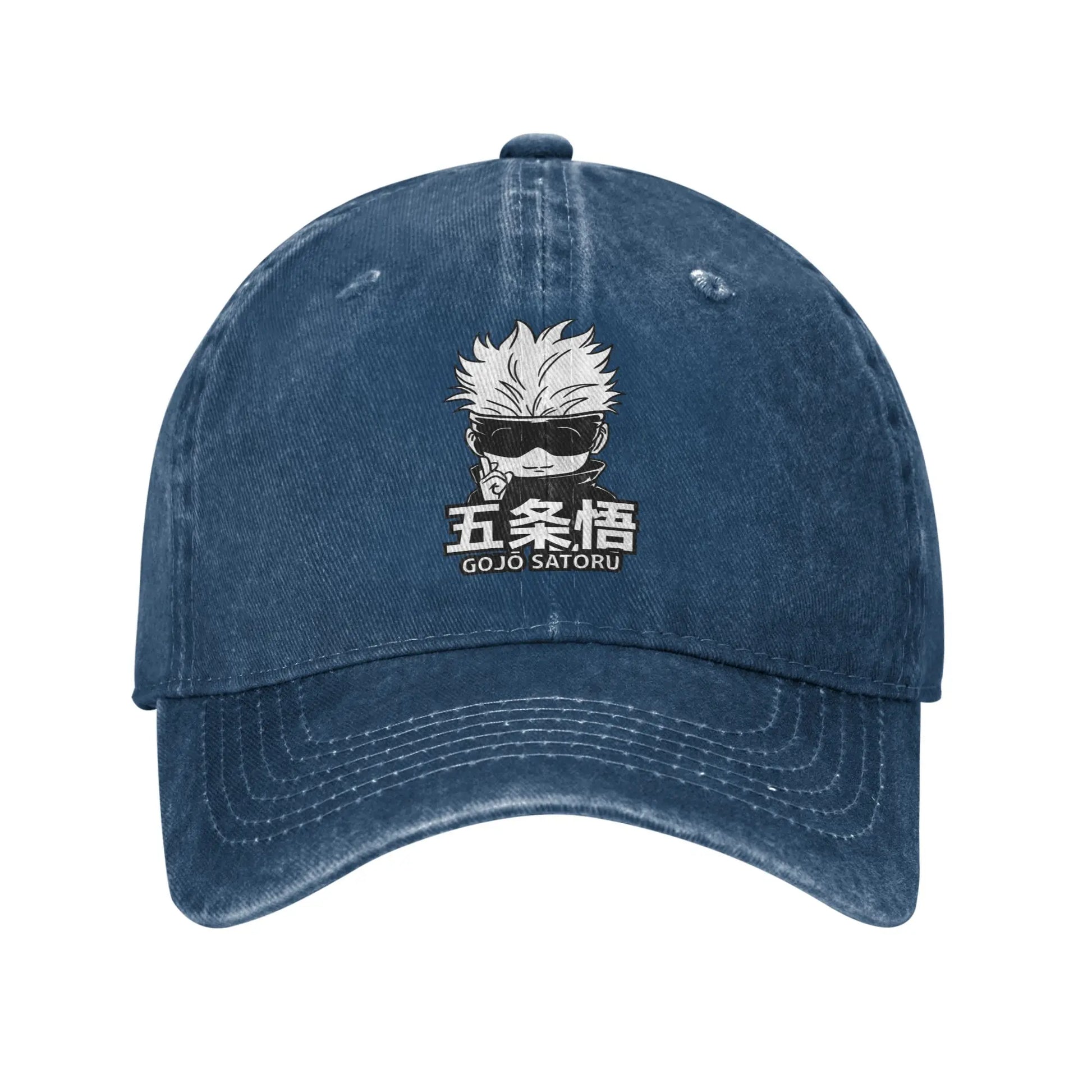 Casquette bleue délavée avec broderie Gojo, coutures et visière courbée