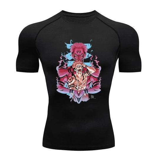 Black compression T-shirt with colorful anime character graphic on the chest