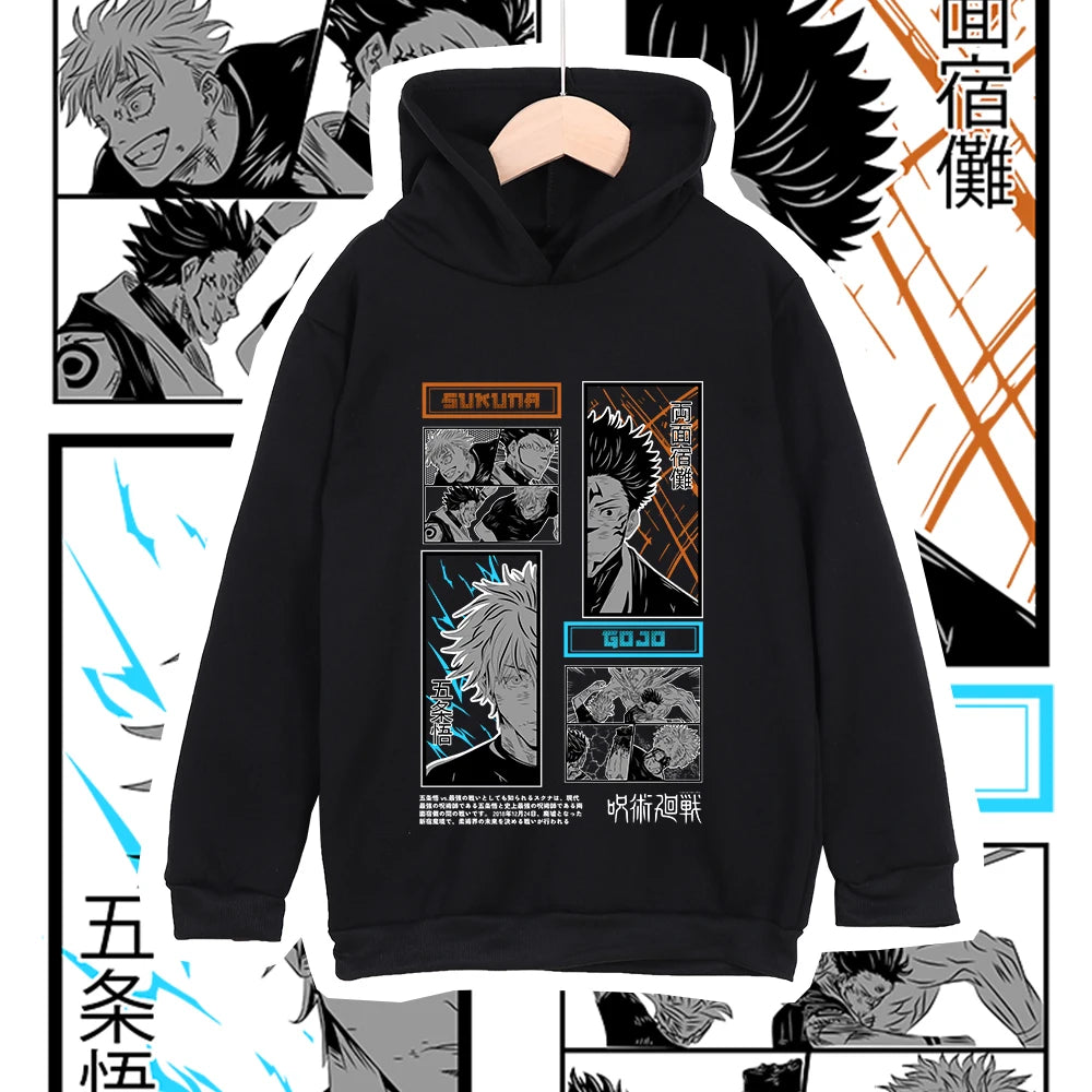 Hoodie noir à capuche, grand visuel manga sur la poitrine, fermeture sans zip