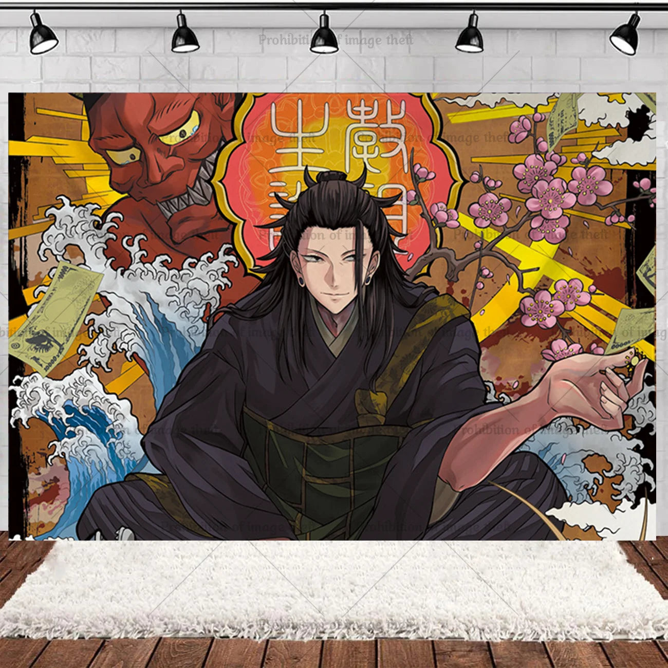 Bannière d’anniversaire Jujutsu Kaisen avec personnage en kimono noir et fond orangé