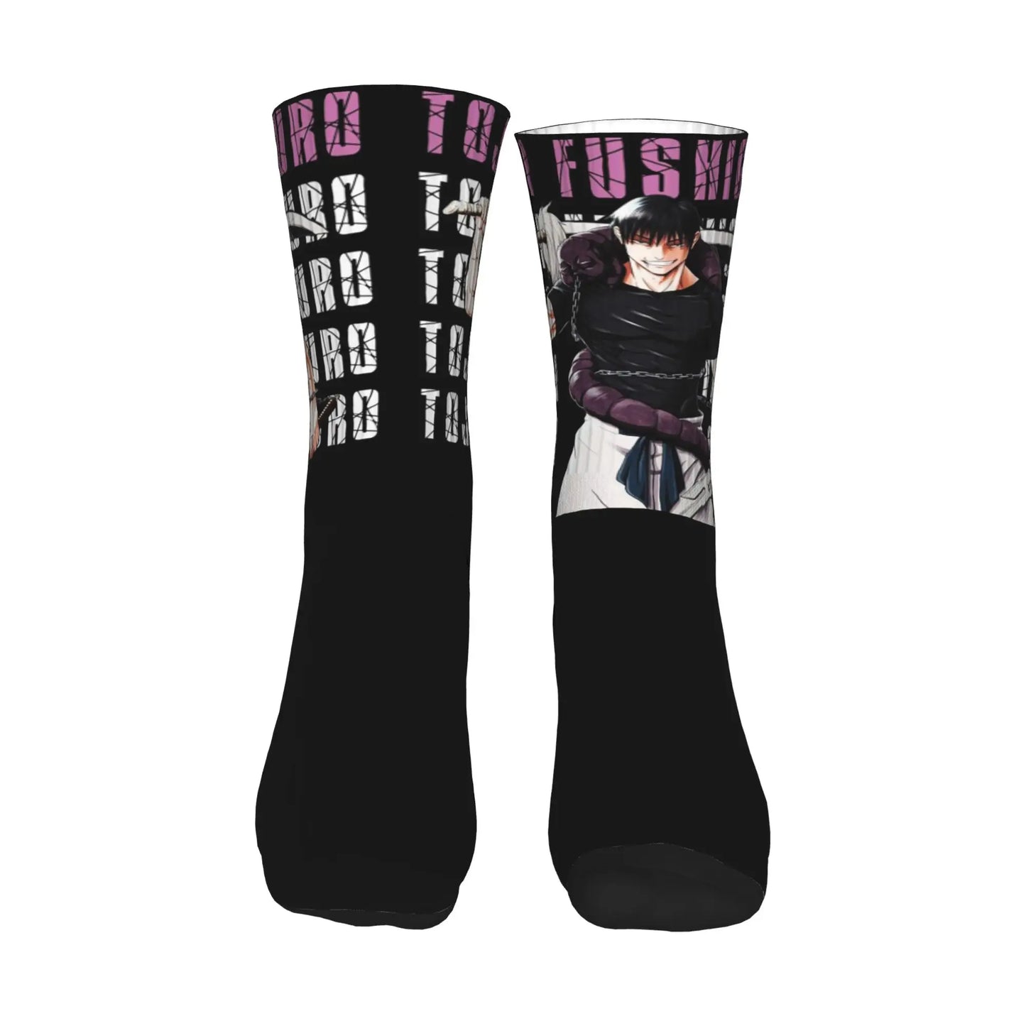 Chaussettes hautes noires, motif graphique violet et portrait de Toji Fushiguro