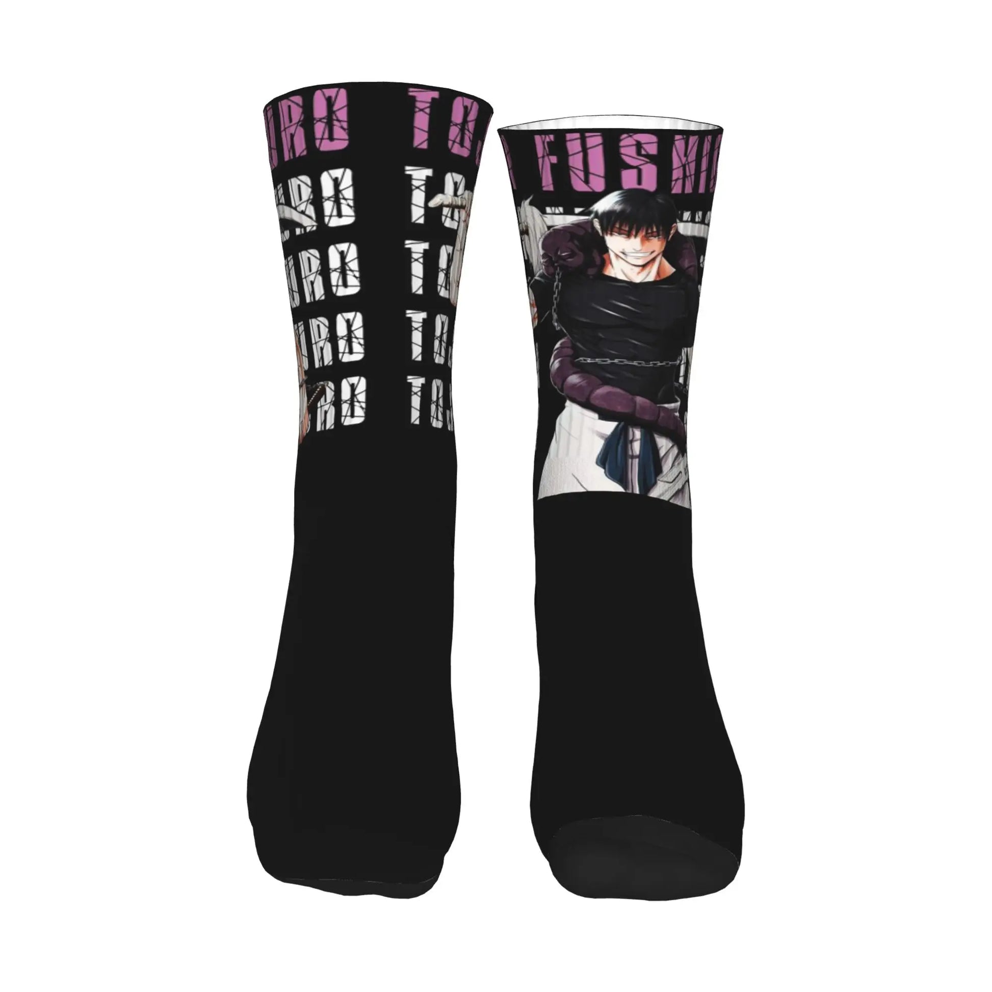 Chaussettes hautes noires, motif graphique violet et portrait de Toji Fushiguro
