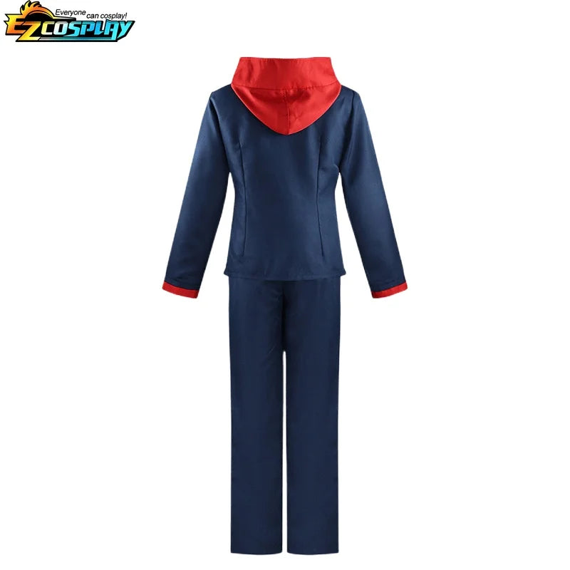 Ensemble costume cosplay homme: veste bleu marine à capuche rouge et pantalon bleu