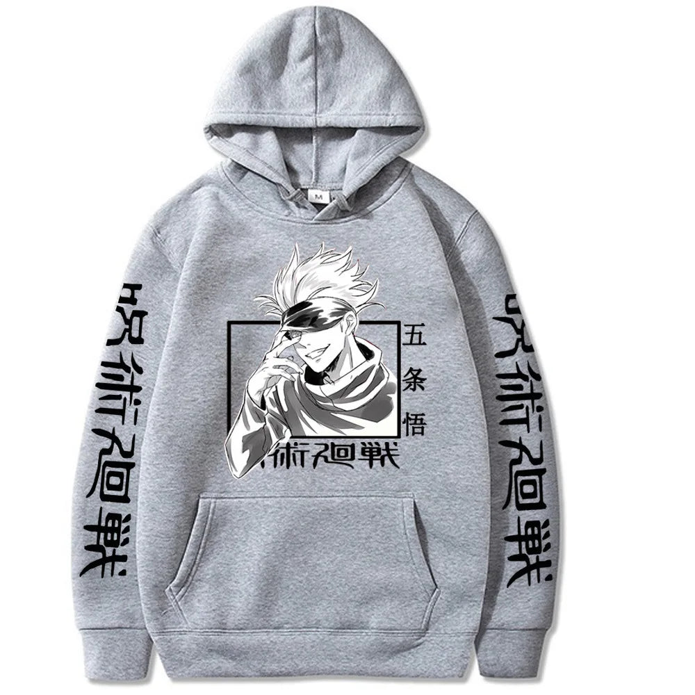 Light gray pullover hoodie with centered character graphic and vertical black sleeve text.