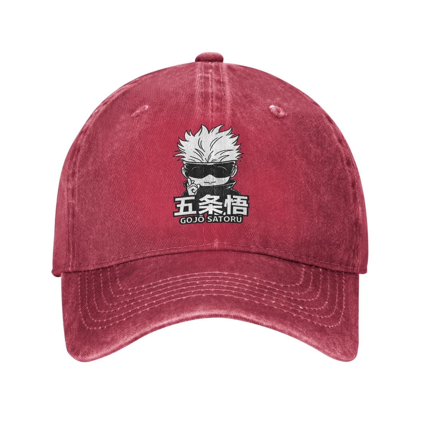 Casquette rouge délavée avec broderie Gojo, motif lunettes et visière courbée