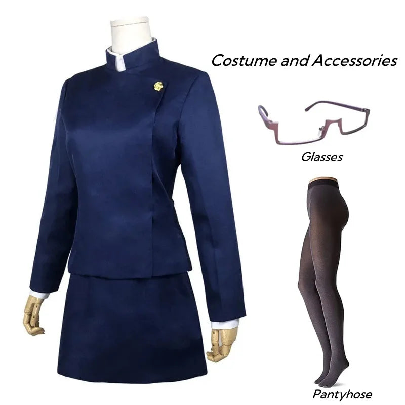 Costume bleu foncé veste et jupe, col blanc, lunettes roses et collants noirs inclus.