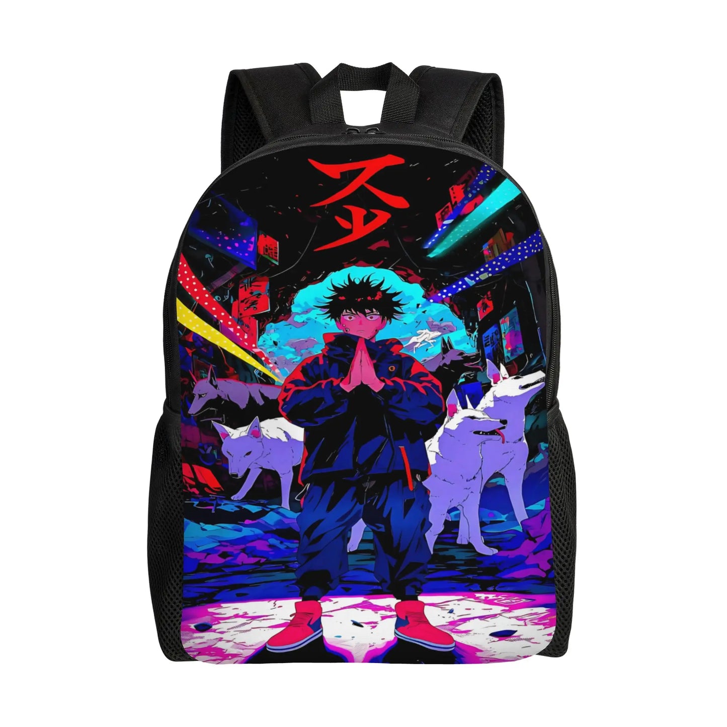 Sac à dos noir avec grand visuel néon multicolore et bretelles rembourrées