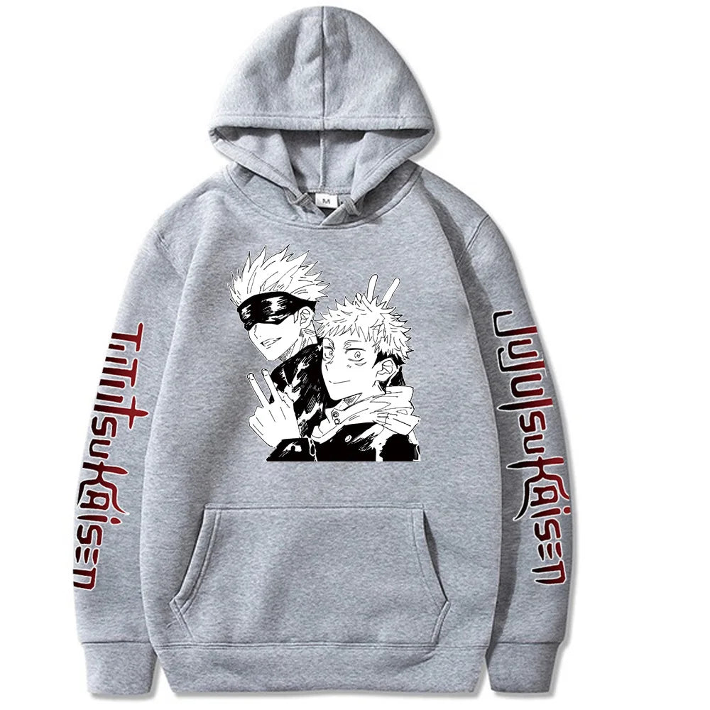 Hoodie gris clair à capuche, imprimé Yuji x Gojo, manches avec texte rouge