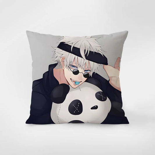 Coussin carré en peluche avec illustration animée panda et personnage aux cheveux blancs