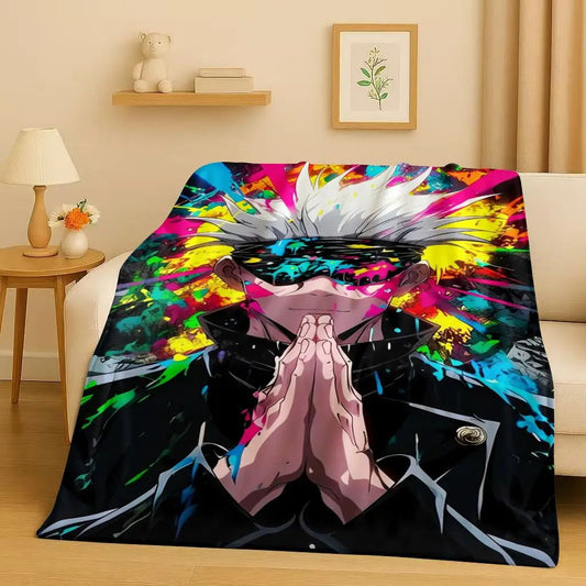 Plaid multicolore avec personnage anime Gojo Satoru et motifs éclatants