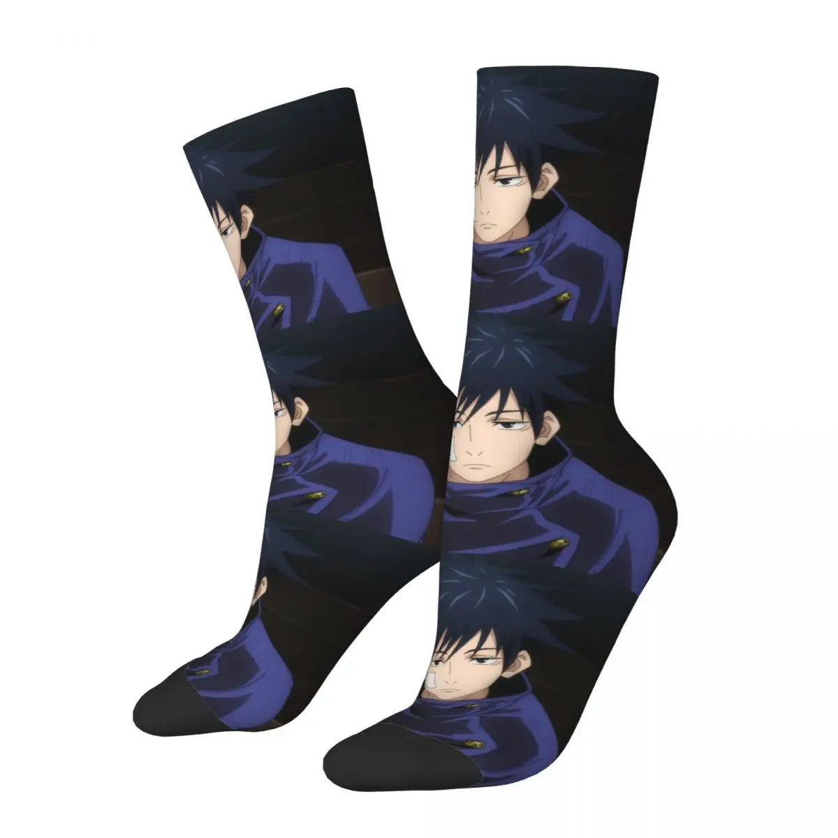 Megumi-themed crew socks, black base with purple anime character faces and icons