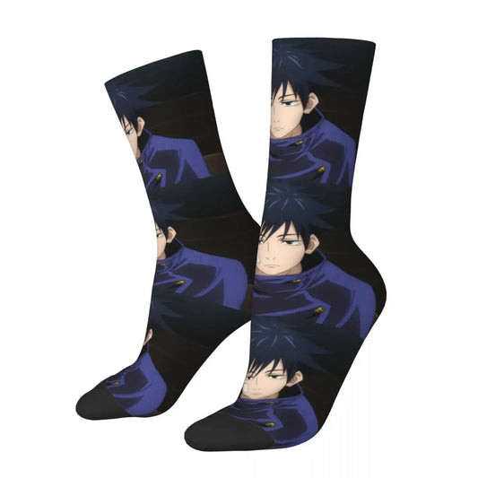 Megumi-themed crew socks, black base with purple anime character faces and icons