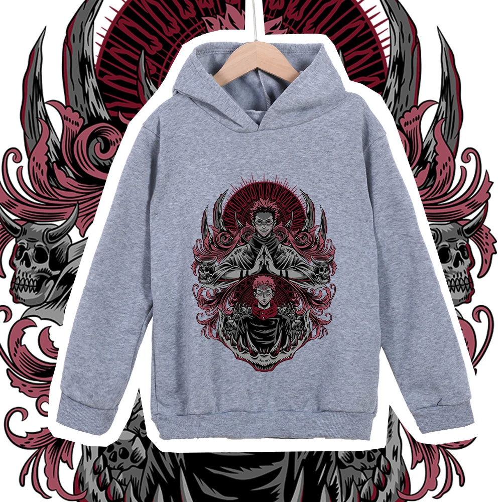 Hoodie gris chiné à capuche, motif Jujutsu Kaisen rouge/noir au centre