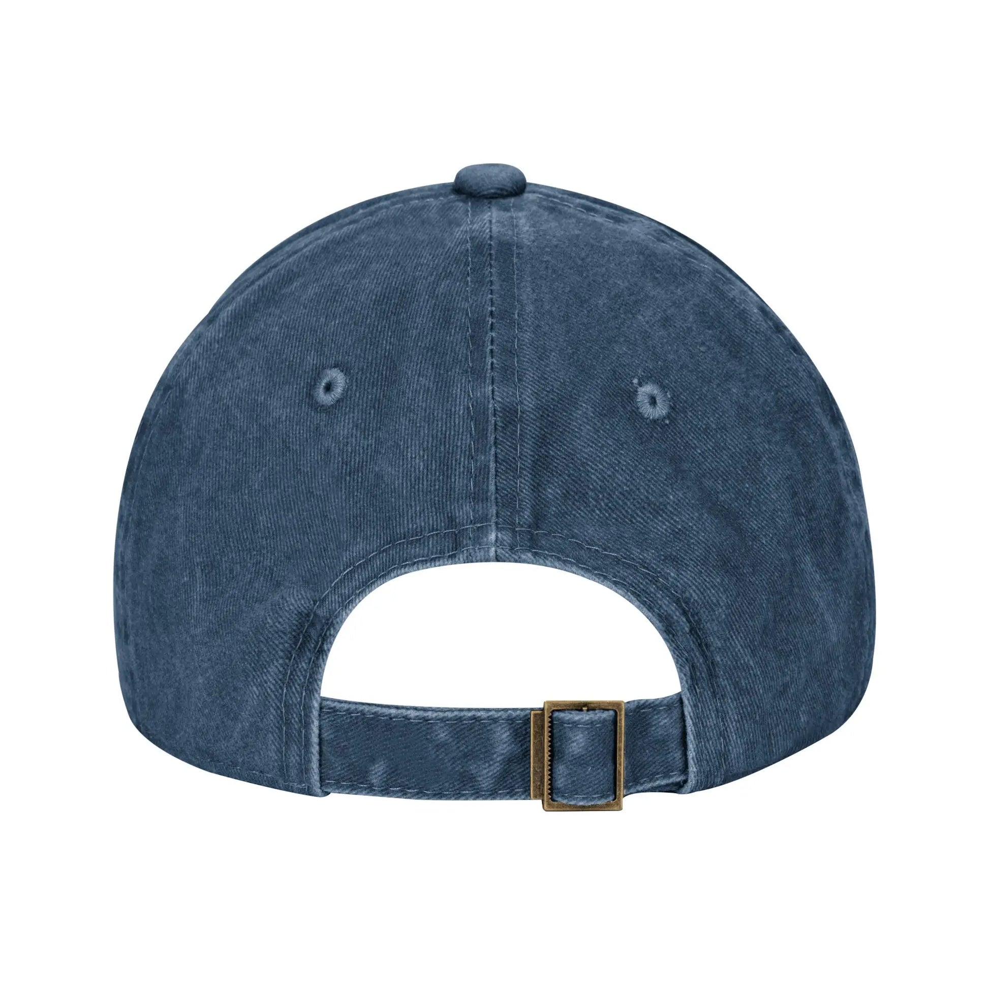 Casquette denim bleu, vue arrière avec sangle et boucle rectangulaire, œillets d’aération
