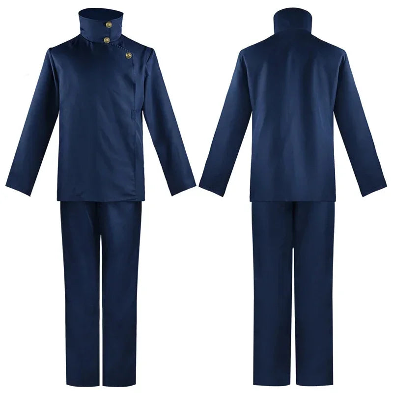 Costume de cosplay bleu marine : veste et pantalon, vue dos et face