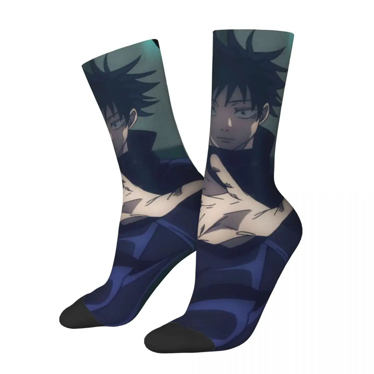Chaussettes bleu marine à motif personnage animé, visage et épaules visibles.