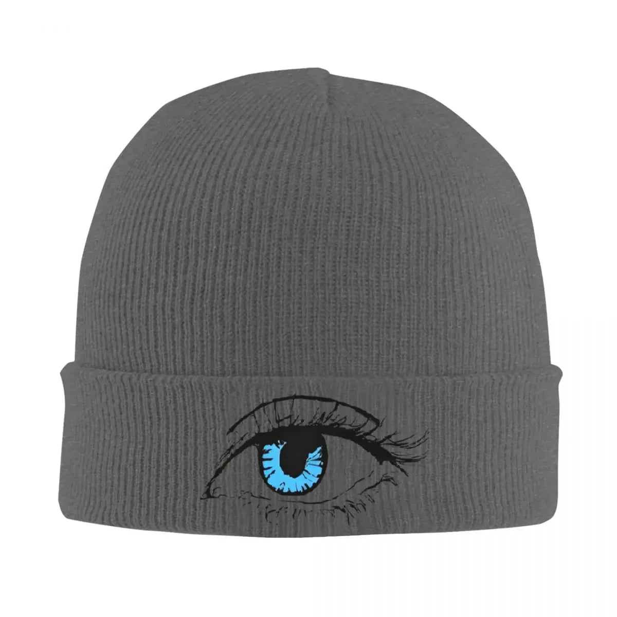 Bonnet gris foncé avec grand œil bleu brodé sur le revers