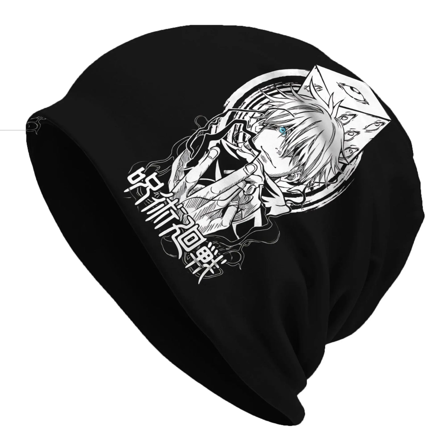 Black beanie with Gojo Satoru face-and-hands graphic on front