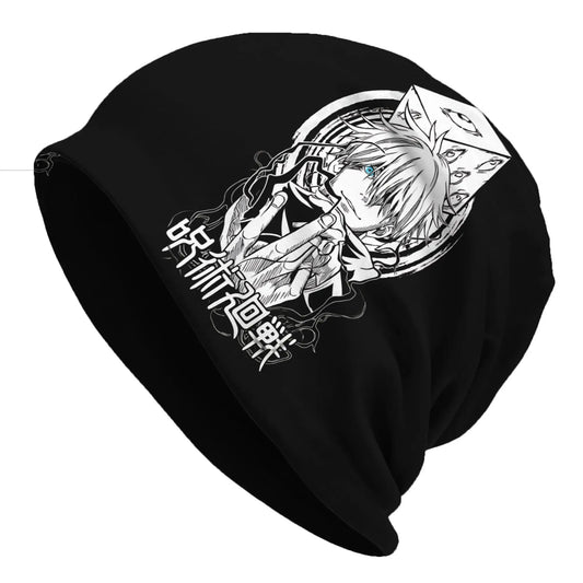 Black beanie with Gojo Satoru face-and-hands graphic on front
