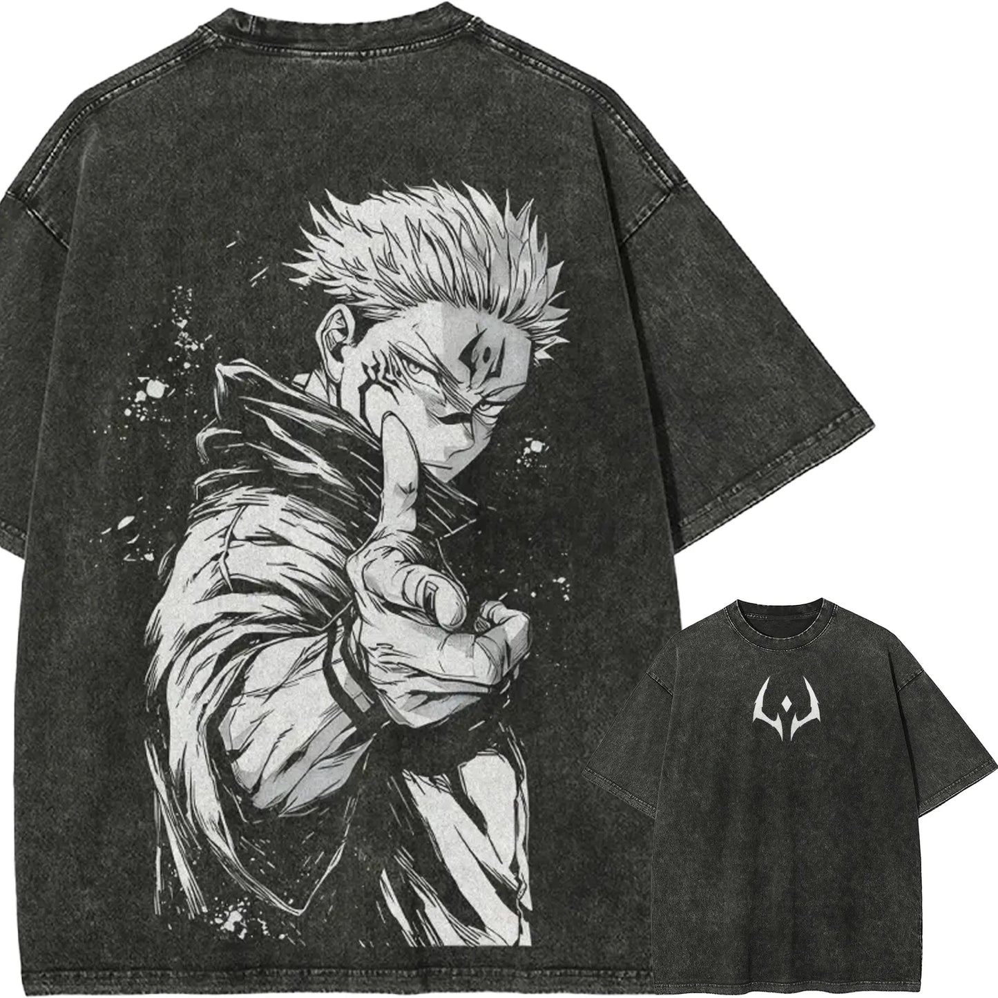 Dark charcoal T-shirt with Sukuna anime graphic on front, short sleeves