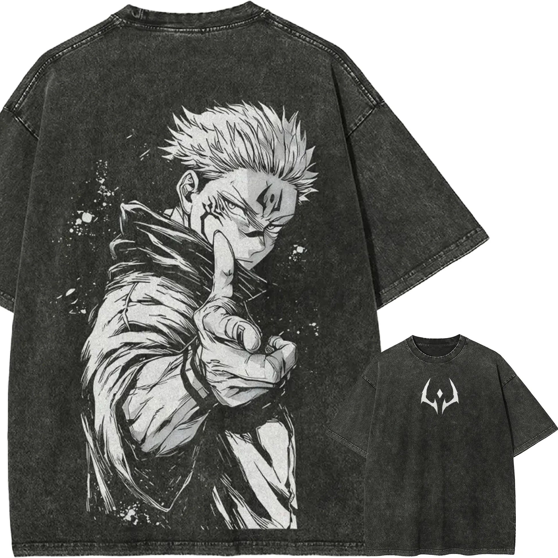 Dark charcoal T-shirt with Sukuna anime graphic on front, short sleeves