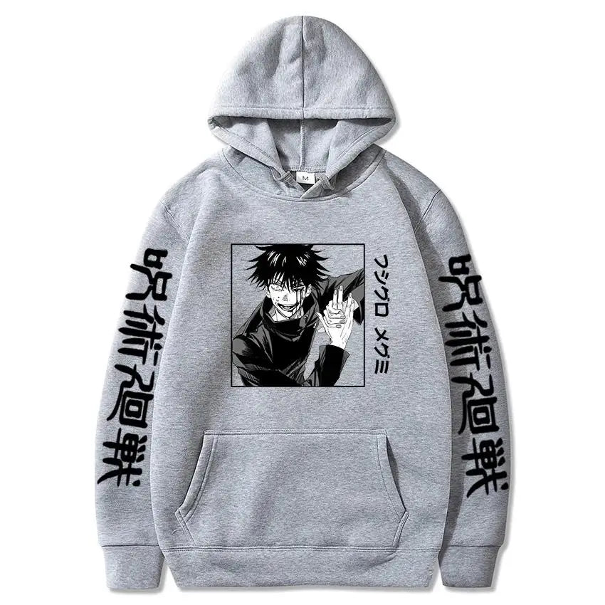Hoodie gris à capuche avec imprimé Megumi Fushiguro sur le devant