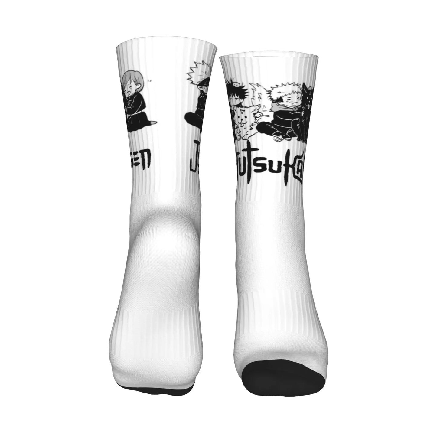 Paire de chaussettes blanches Jujutsu Kaisen, motif personnages et chats, pointe noire