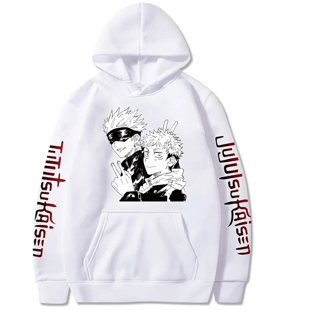 Hoodie blanc à capuche avec visuel de personnages, poche kangourou et texte sur manches