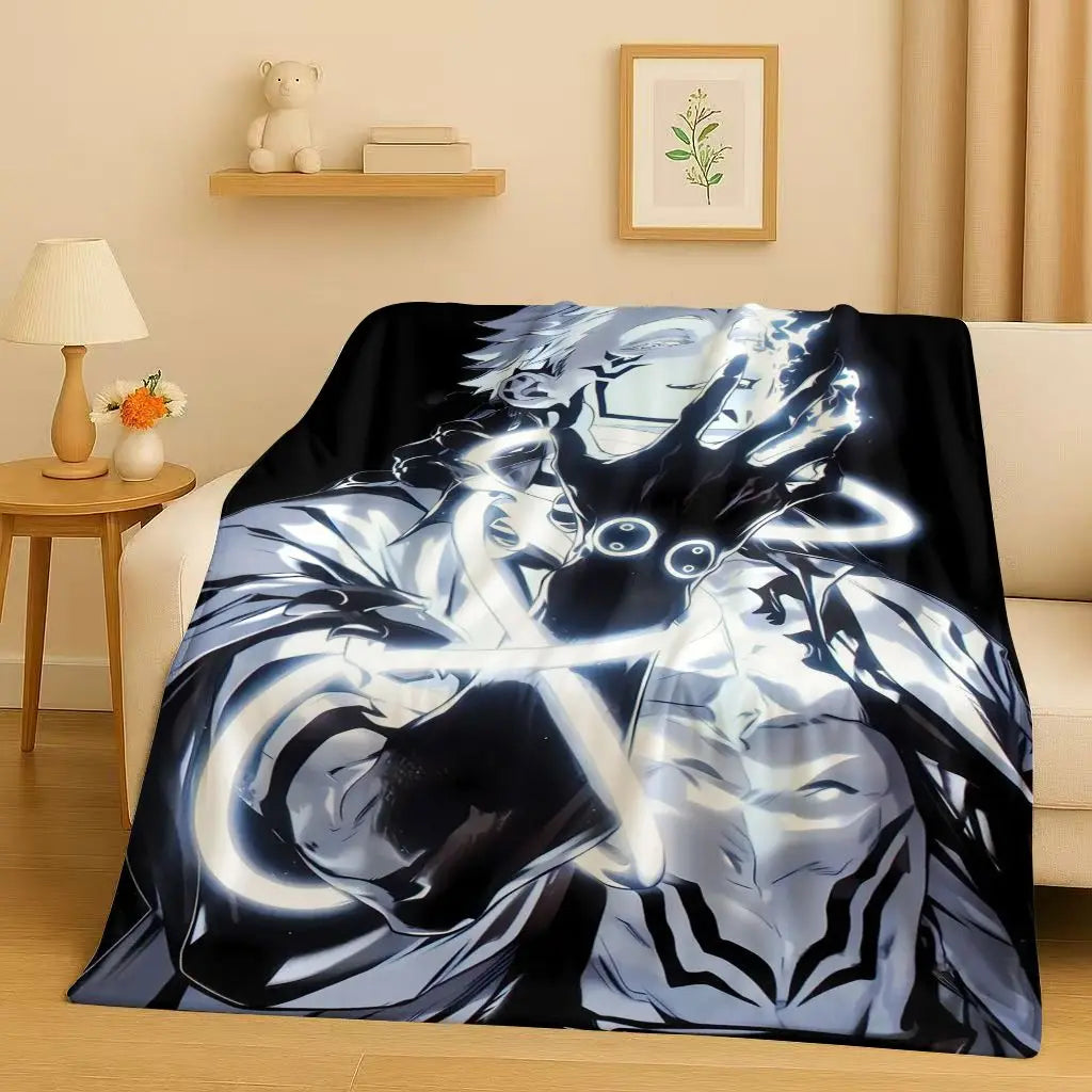 Couverture plaid noire avec motif graphique bleu et blanc, pour canapé ou lit