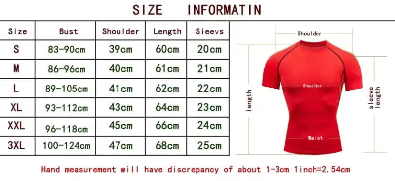 Size chart for compression T-shirt: bust, shoulder, length, sleeve measurements by size