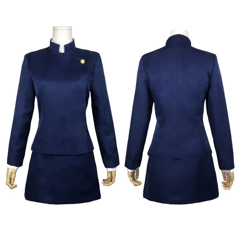 Costume bleu foncé : devant et dos de la veste avec col blanc et écusson doré.
