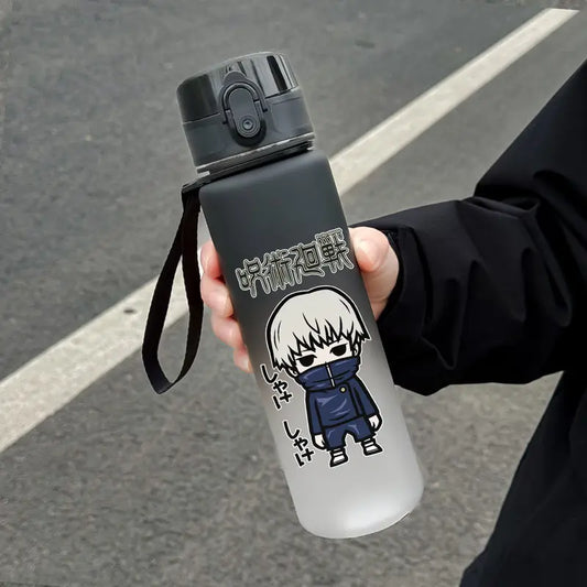 Gourde isotherme 650 ml gris avec capuchon noir et illustration chibi bleue