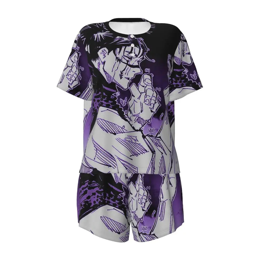 Pyjama fille noir, haut encolure ronde boutonnée et short imprimé violet