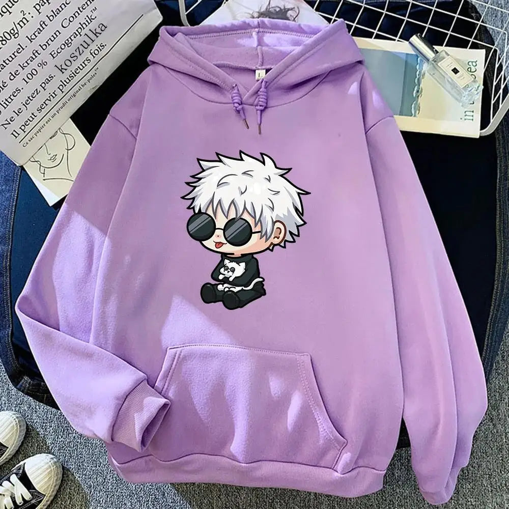 Hoodie violet à capuche, grand motif manga du personnage aux lunettes sur la poitrine