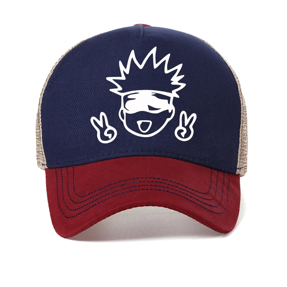 Casquette deux tons bleu marine et rouge, logo Gojo blanc sur le devant.