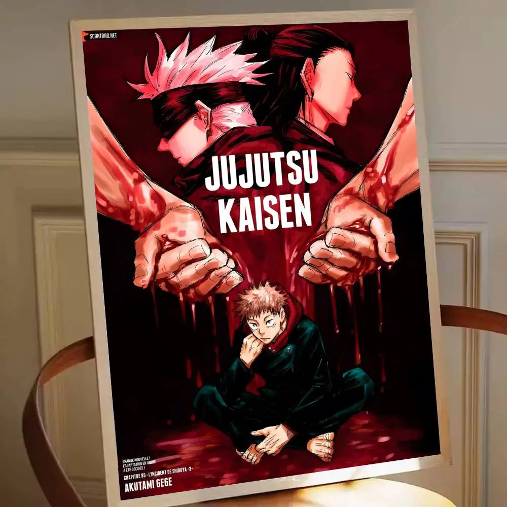 Affiche Jujutsu Kaisen rouge sang avec logo et personnages en style manga.