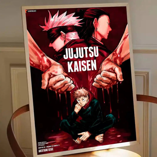 Affiche Jujutsu Kaisen rouge sang avec logo et personnages en style manga.