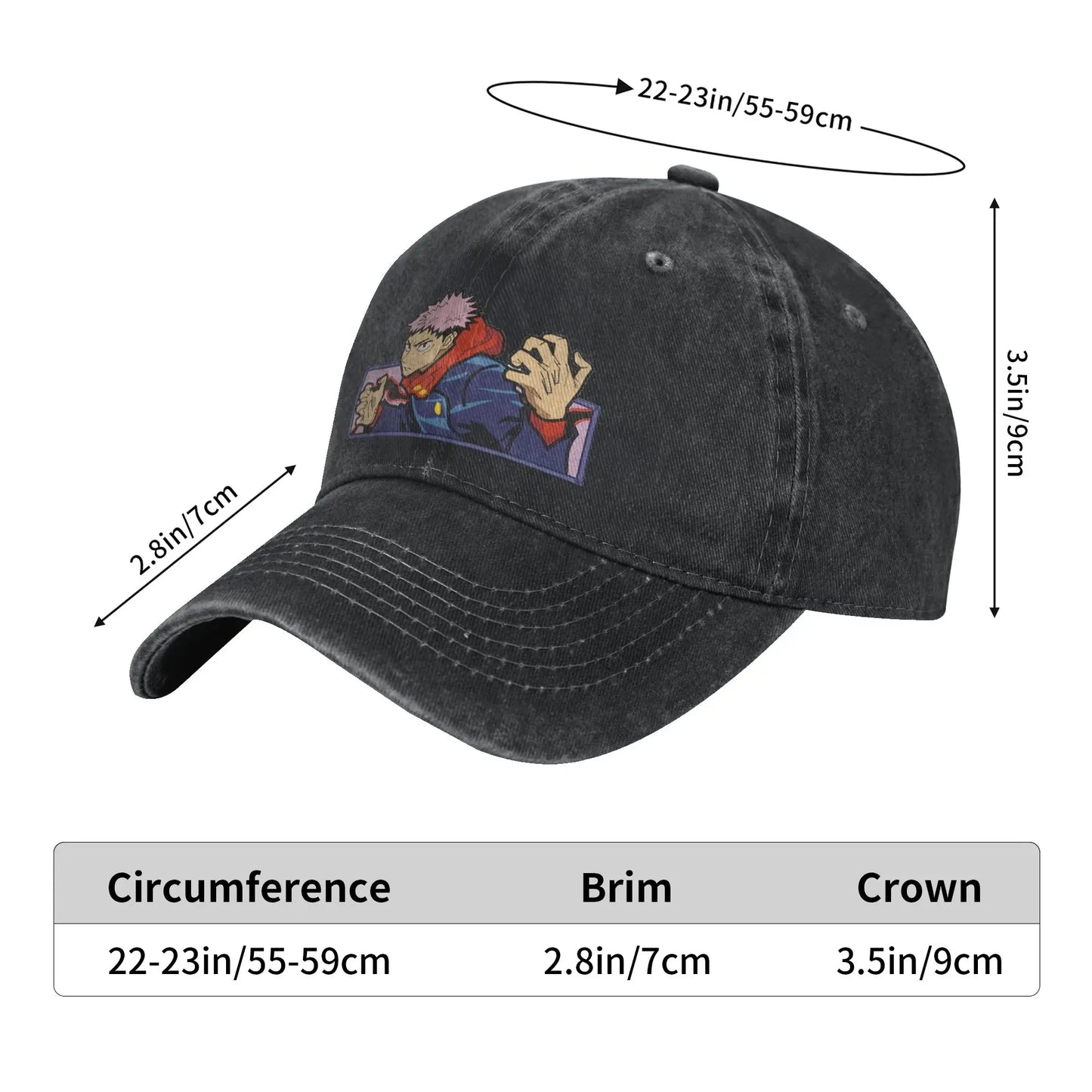 Casquette Jujutsu Kaisen : tour 55-59 cm, visière 7 cm, hauteur 9 cm