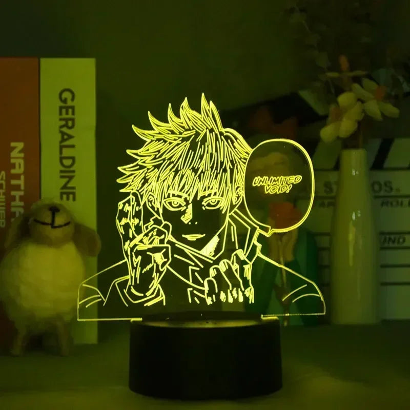 Lampe LED Jujutsu Kaisen avec motif Gojo, socle noir et lumière jaune-vert.