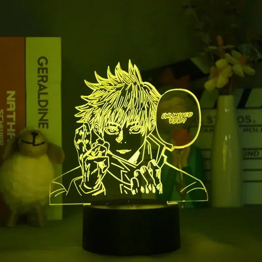 Lampe LED Jujutsu Kaisen avec motif Gojo, socle noir et lumière jaune-vert.