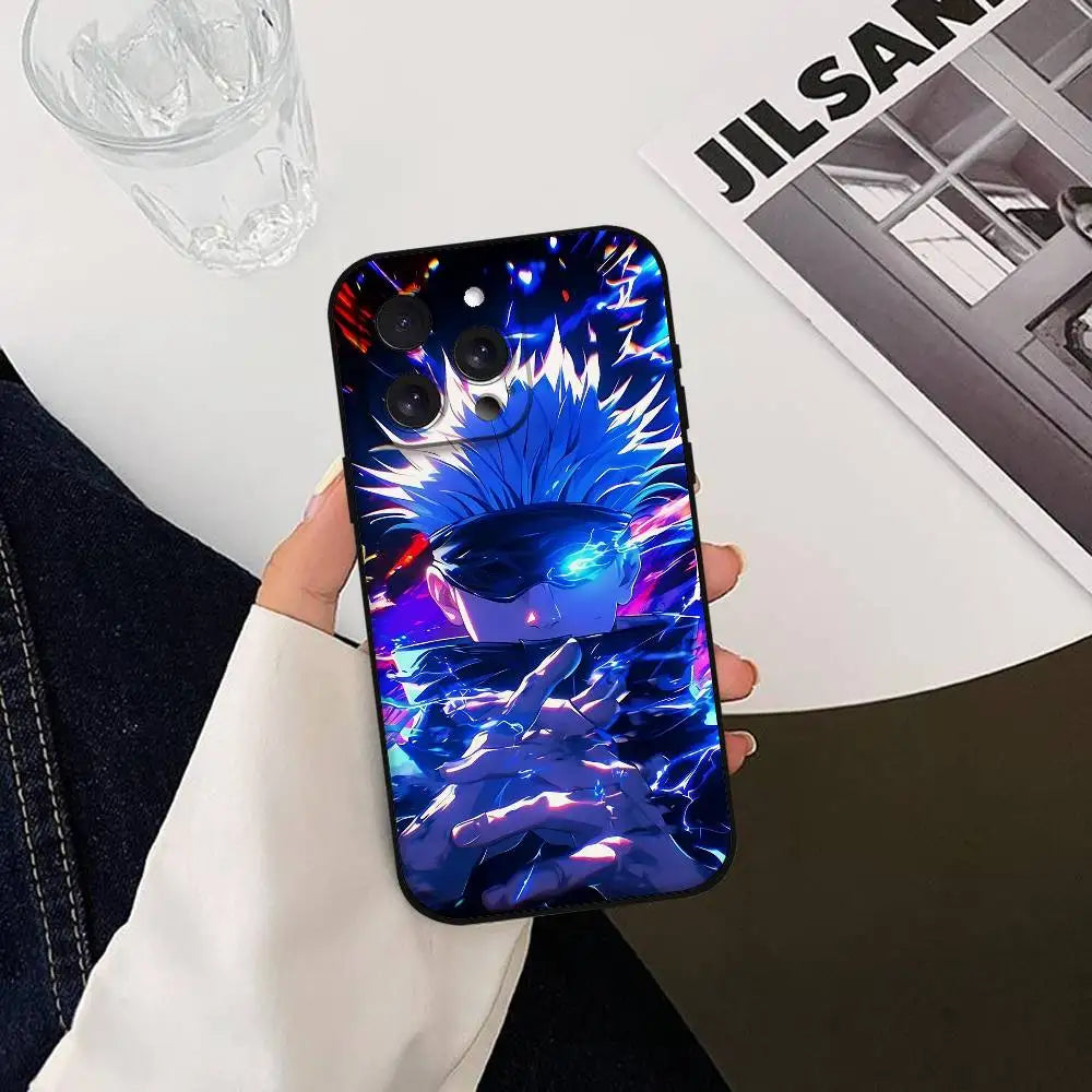 Coque iPhone avec illustration de Gojo Satoru, ombres bleu nuit, ouvertures caméras