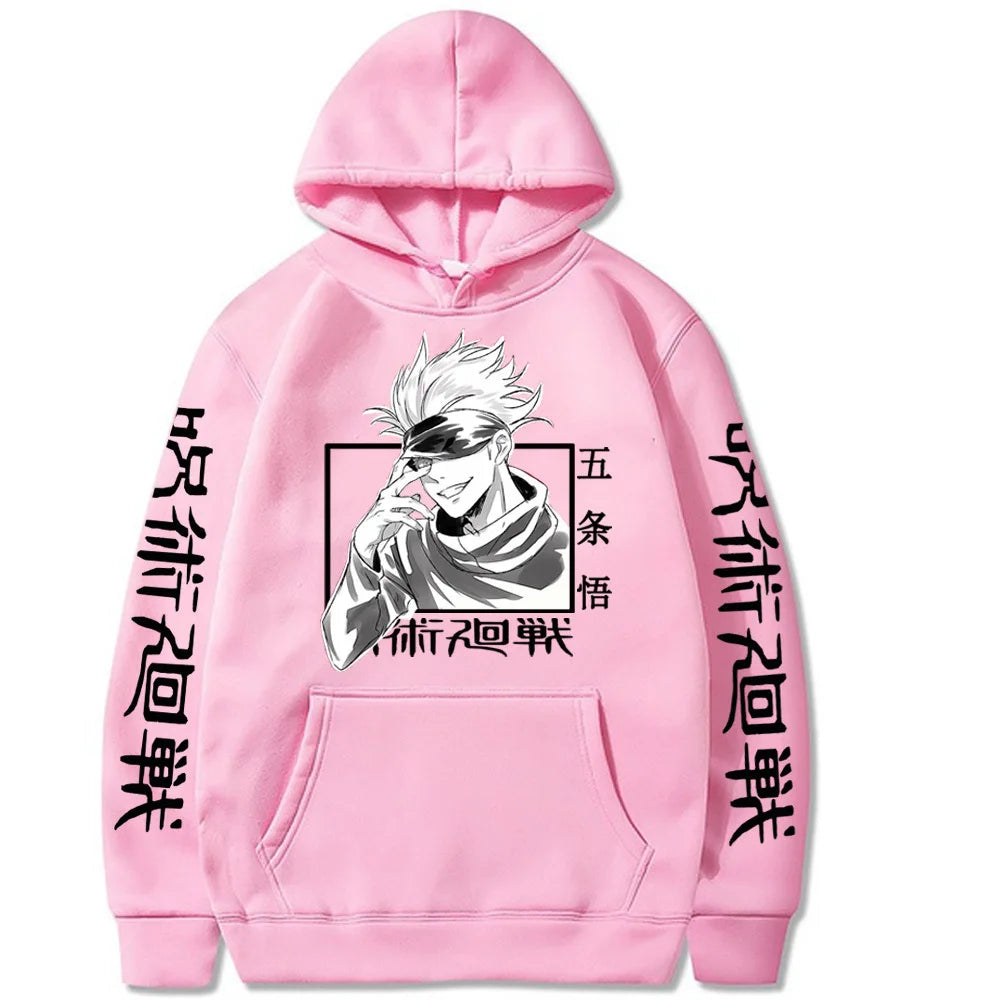 Pink pullover hoodie with hood, front pouch pocket, and character graphic with covered eyes