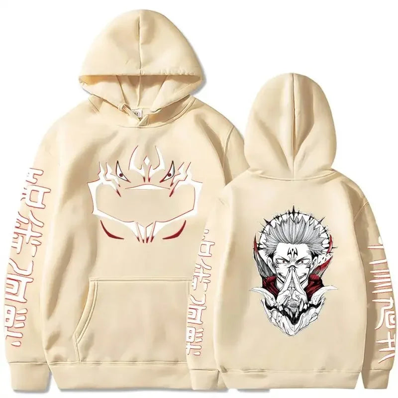 Beige hooded sweatshirt with front and back Sukuna character graphic, hood and pouch pocket