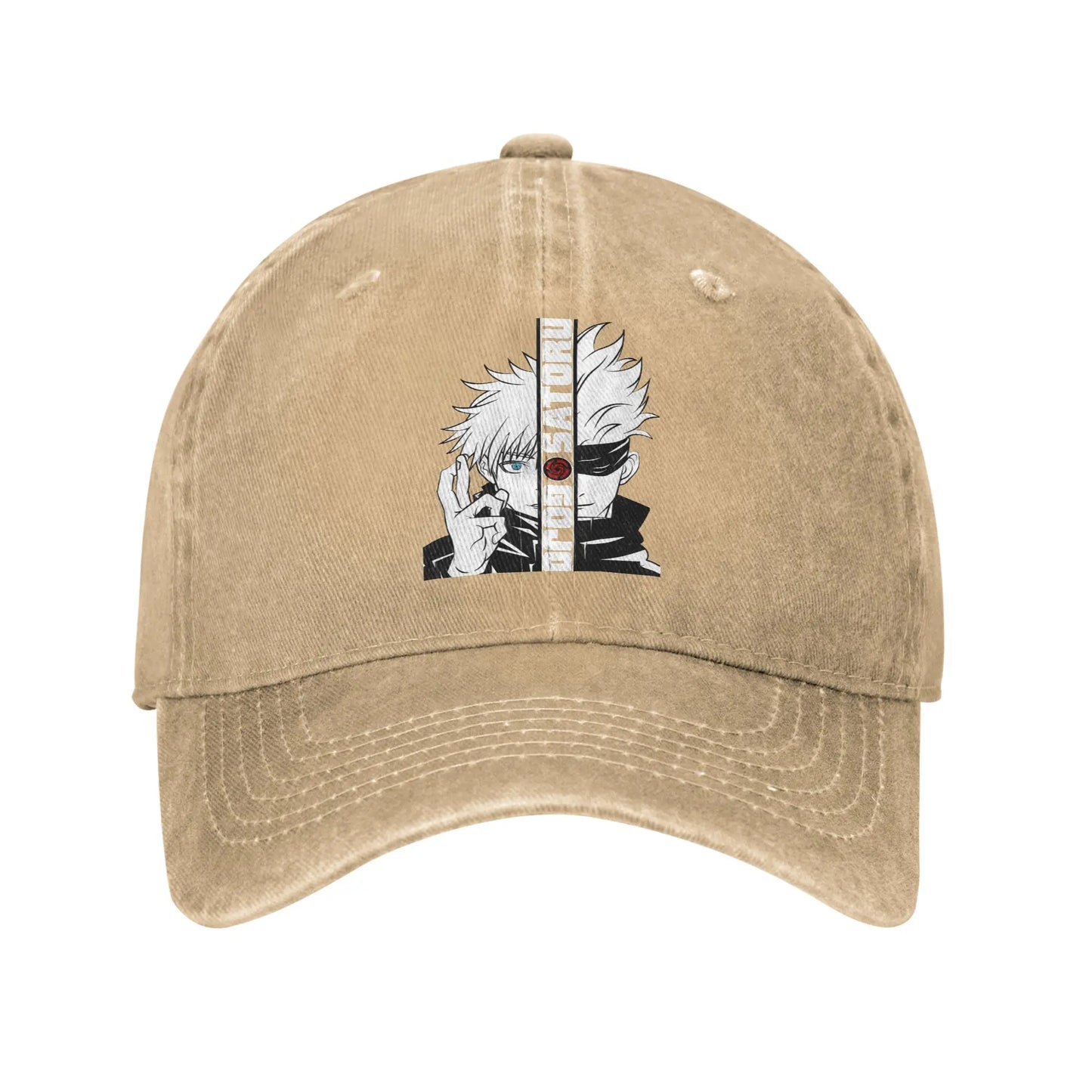 Casquette denim délavé beige, patch Gojo Satoru devant, visière cousue