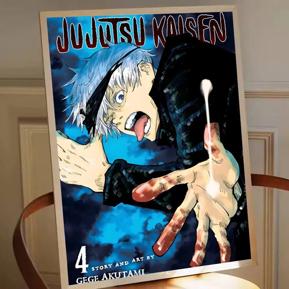 Affiche encadrée avec personnage anime aux cheveux blancs, fond bleu et noir, style manga.