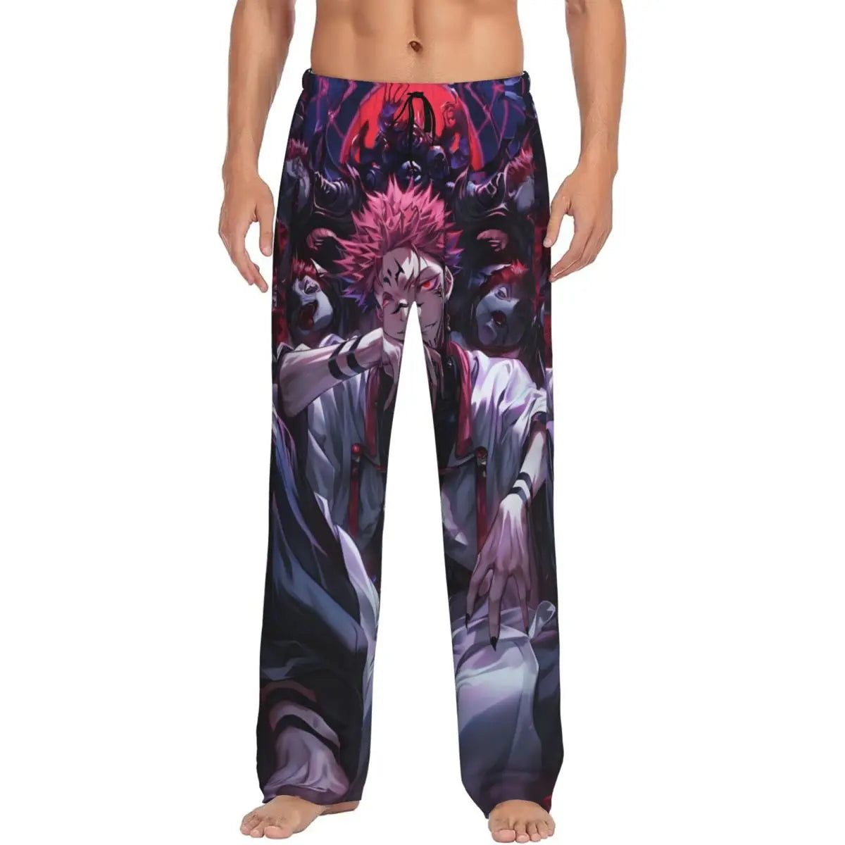 Anime pajama pants with dark purple Ryomen Sukuna-style anime print, wide-leg